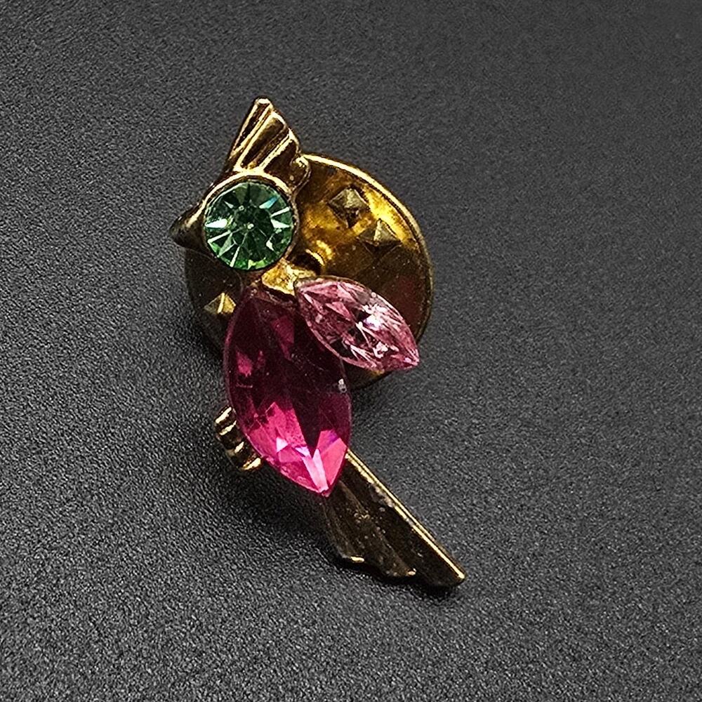 Pink Green Rhinestone Bird Tack Pin Lapel Pin Vintage Jewelry